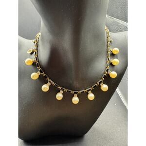 Vintage Denbe Signed Black Onyx Tennis Necklace Faux Pearl & Crystal Dangle